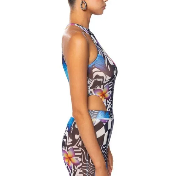 Stasia Land Flowers on the Board: Mesh Sleeveless Mock Neck Bodysuit M L - Picture 5 of 6